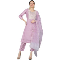 Vaamsi Women's Poly Silk Ethnic Motifs Embroidered Straight Kurta Pant With Dupatta (PKSKD1508_Lavender_M)