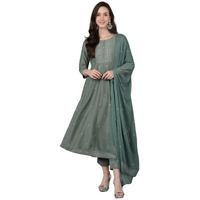 Vaamsi Women's Silk Printed Flared Kurta Pant With Dupatta (PKSKD1576_Light Green_XS)