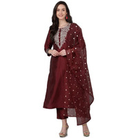 Vaamsi Women's Silk Embroidered Straight Kurta Pant With Dupatta (PKSKD1587_Maroon_M)