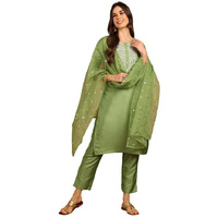 Vaamsi Women's Silk Embroidered Straight Kurta Pant With Dupatta (PKSKD1589_Green_3XL)