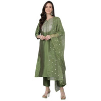 Vaamsi Women's Silk Embroidered Straight Kurta Pant With Dupatta (PKSKD1591_Green_L)
