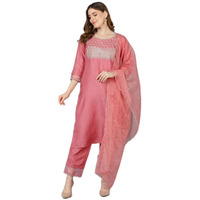 Vaamsi Women's Poly Silk Solid Yoke Design Straight Kurta Pant With Dupatta (PKSKD1159B_Pink_4XL)