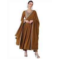 Vaamsi Women's Georgette Embroidered Flared Kurta Pant With Dupatta (PKSKD1604_Brown_S)
