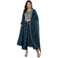Vaamsi Women's Silk Blend Embroidered Flared Kurta Pant With Dupatta (PKSKD1711_Teal Blue_L)