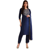 Vaamsi Women's Silk Blend Yoke Design Solid Straight Kurta Pant with Dupatta (PKSKD1809_Blue_L)