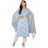 Vaamsi Women's Cotton Blend Printed Floral Kurta Trousers with Dupatta (VKSKD1716_XXL_Blue)
