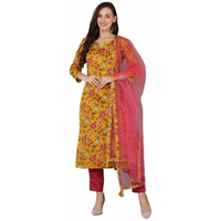 Vaamsi Women's Printed Floral Kurta Trousers With Dupatta (VKSKD1718_M_Mustard)