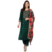 Vaamsi Women's Silk Blend Embroidered Straight Kurta Pant With Dupatta (VKSKD1758_Green_XXL)
