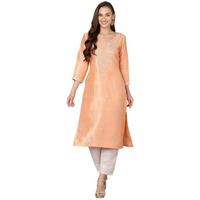 Vaamsi Women's Silk Embroidered Floral Straight Kurta (VCK9177_Peach_S)