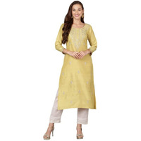 Vaamsi Women's Silk Embroidered Floral Straight Kurta (VCK9178_Yellow_XS)