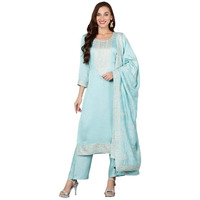Vaamsi Women's Silk Blend Solid Embroidered Straight Kurta Pant With Dupatta (PKSKD1888_Blue_XXL)