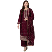 Vaamsi Women's Silk Blend Ethnic Motifs Embroidered Straight Kurta Palazzo With Dupatta (PKSKD1816_Maroon_XL)