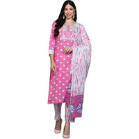 Vaamsi Women's Pure Cotton Bandhani Embroidered Straight Kurta Pant With Dupatta (VKSKD1927_Pink_L)