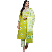 Vaamsi Women's Pure Cotton Bandhani Embroidered Straight Kurta Pant With Dupatta (VKSKD1924_Green_XXL)