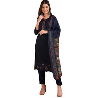 Vaamsi Women's Silk Blend Solid Embroidered Straight Kurta Pant with Dupatta (VKSKD1934_Navy Blue_S)