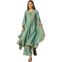 Vaamsi Women's Silk Blend Solid Anarkali Embroidered Kurta Palazzo With Dupatta (PKSKD2036_XL_Light Green)