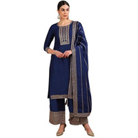 Vaamsi Women's Silk Blend Solid Yoke Design Straight Kurta Palazzo With Dupatta (PKSKD2097_Blue_3XL)