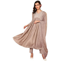 Vaamsi Women's Silk Blend Yoke Design Embroidered Anarkali Kurta Pant With Dupatta (PKSKD2108_Nude_XXL)