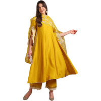 Vaamsi Women's Silk Blend Solid Embroidered Anarkali Kurta Pant With Dupatta (PKSKD2118_Yellow_XXL)