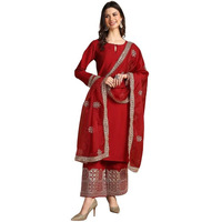 Vaamsi Women's Silk Blend Solid Straight Kurta Palazzo With Dupatta (PKSKD2250_Maroon_3XL)