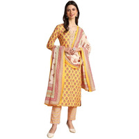 Vaamsi Women's Floral Printed Straight Kurta Pant With Dupatta Set (VKSKD2165_Yellow_XL)