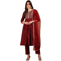 Vaamsi Women's Silk Blend Mirror Work Woven Design A-Line Kurta Pant With Dupatta (PKSKD2295_Maroon_XXL)