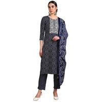 Vaamsi Women's Bandhani Printed Straight Kurta Pant With Dupatta (VKSKD2184_Navy Blue_S)