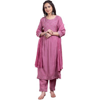 Indya Zari Embroidered Chanderi A-Line Women's Kurta with Pants And Dupatta Set (PINK, SMALL)