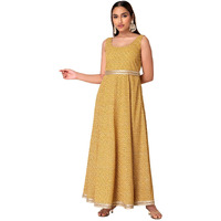 Indya Women's Georgette Foil Print Regular Kurta (ITN05306_Yellow_S)