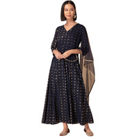 Indya Women's Georgette Foil Print Relaxed Kurta (ITN05313_Blue_XS)