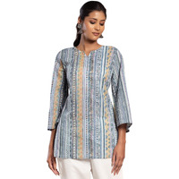 Indya Women's Striped Regular Blue Stripe Print Cotton Short Kurta (RTN00049