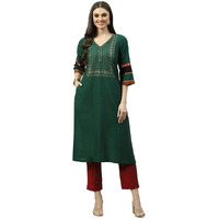 BIBA Women Cotton Printed A Line Kurta(Festive 18500_Green_S)