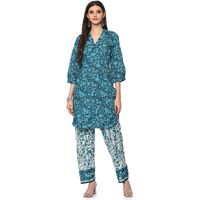 BIBA Cotton Women Printed Relaxed Salwar Kurta Dupatta(Skdlounge I8547_Teal Blue_42)