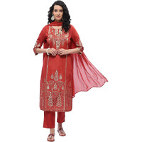 BIBA WOMEN PRINTED NARROW SALWAR KURTA DUPATTA(SKDASSORTED7025E_MAROON_32)