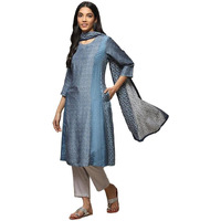 BIBA WOMEN PRINTED STRAIGHT SALWAR KURTA DUPATTA(SKDAJRAK FIL8431_BLUE_38)