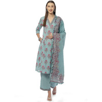 BIBA Women Printed Straight Salwar Cotton Kurta Pant With Dupatta(Skdjaipuri8417_Turquoise_32)