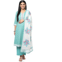 BIBA WOMEN PRINTED STRAIGHT SALWAR KURTA DUPATTA(SKDPHULKARI8486_TURQUOISE_34)