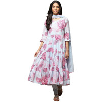 BIBA Women's Printed Fitted Salwar Kurta Dupatta(Skdphool Ph8654_Powder Blue_40) - Voile