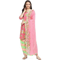 BIBA Women's Cotton Printed Straight Salwar Kurta Dupatta (Skdrang8934_Pink - Green_42)