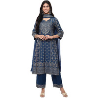 BIBA Polyester Blend Women's Printed Straight Salwar Kurta Dupatta(Skddurgotsa8916_Teal_38)