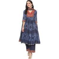 BIBA Women's Cotton Printed Anarkali Salwar Kurta Dupatta (Skdindie Bo9089_Indigo_38)