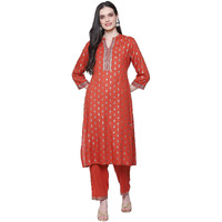 Rangriti Women's Cotton Blend Printed Straight Kurta Set (RSKASRTD18505AW23RUST_Rust