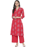 BIBA Polyester Blend Women's Printed A_Line Salwar Kurta Dupatta(Skdassorted6852E_Pink_34)