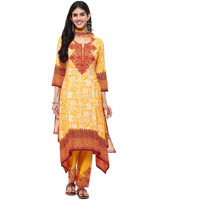 BIBA Women Cotton Printed Straight Salwar Kurta Dupatta(Skdassorted7226E_Mustard Yellow_34)