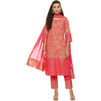 BIBA Women Polyester Printed Straight Salwar Kurta Dupatta(Skdassorted7566E_Fuchsia_32), Purple