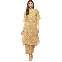 BIBA Women's Cotton Printed Straight Kurta Mix & Match (Ribayat Collection2346_Yellow_32, Suit Set)