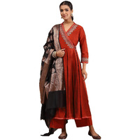 BIBA Women's Poly Viscose Slub Solid Regular Kur,Bustr,Pla (SKDTGW10130AW24RUST_Rust