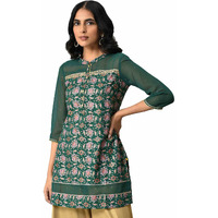 Green Floral Printed Sequined Ethnic Liva Kurta