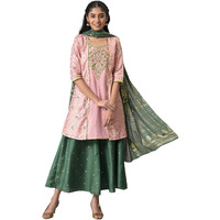Aurelia Women Pink Zari Embroidered Kurta With Green Palazzo And Dupatta_22AUD10497-504408_L