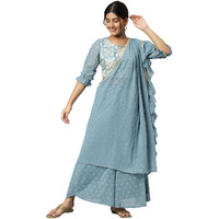 Aurelia Women Blue Mist Embroidered Crop Top With Palazzo And Drape_22AUD10504-604974_S